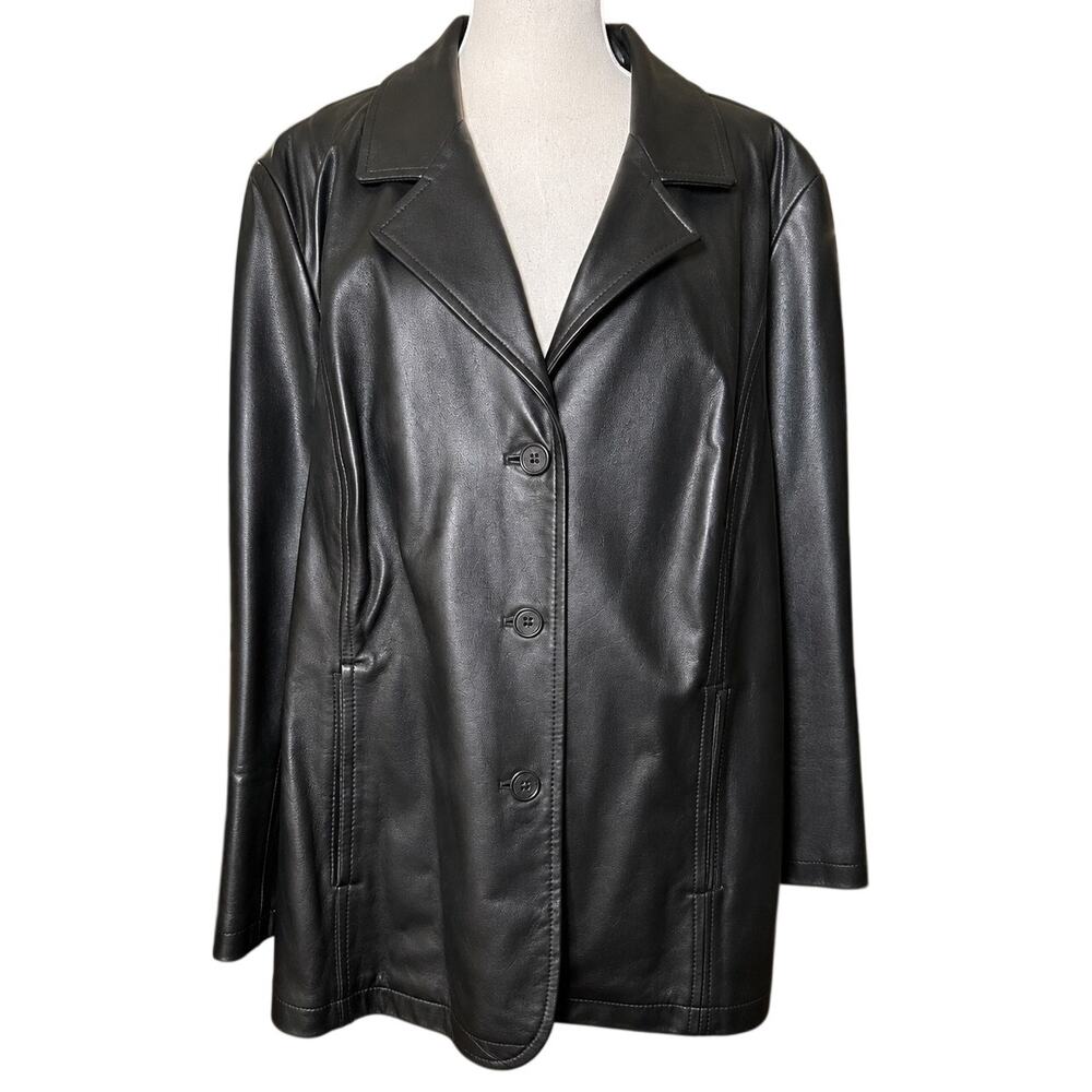 Maggie Barnes Vintage Black Genuine Leather Jacket, Button Front, Plus Size 3X
